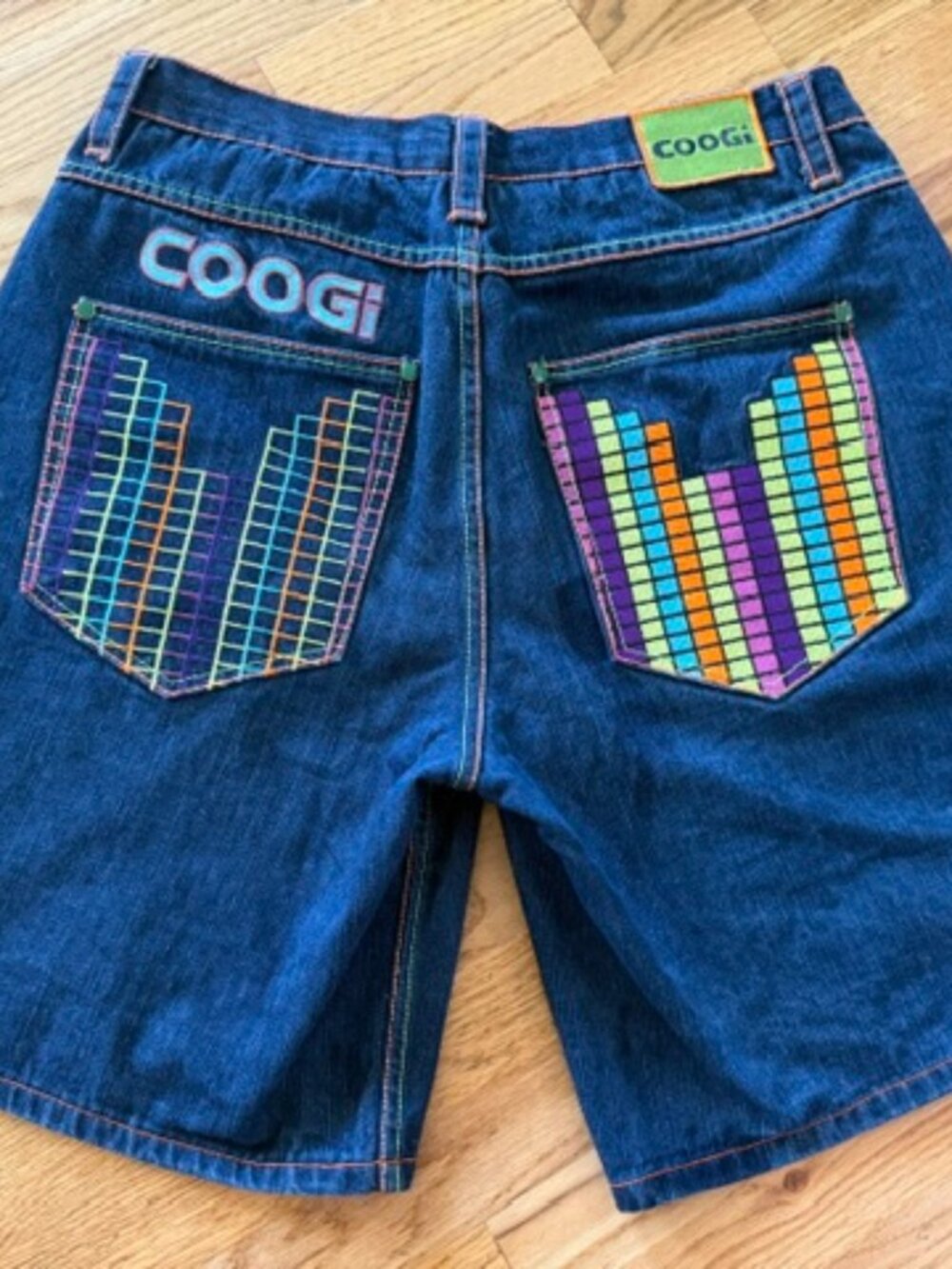 Vintage COOGI Baggy Denim Jorts Rainbow Embroidered Mens 38 Y2K Streetwear